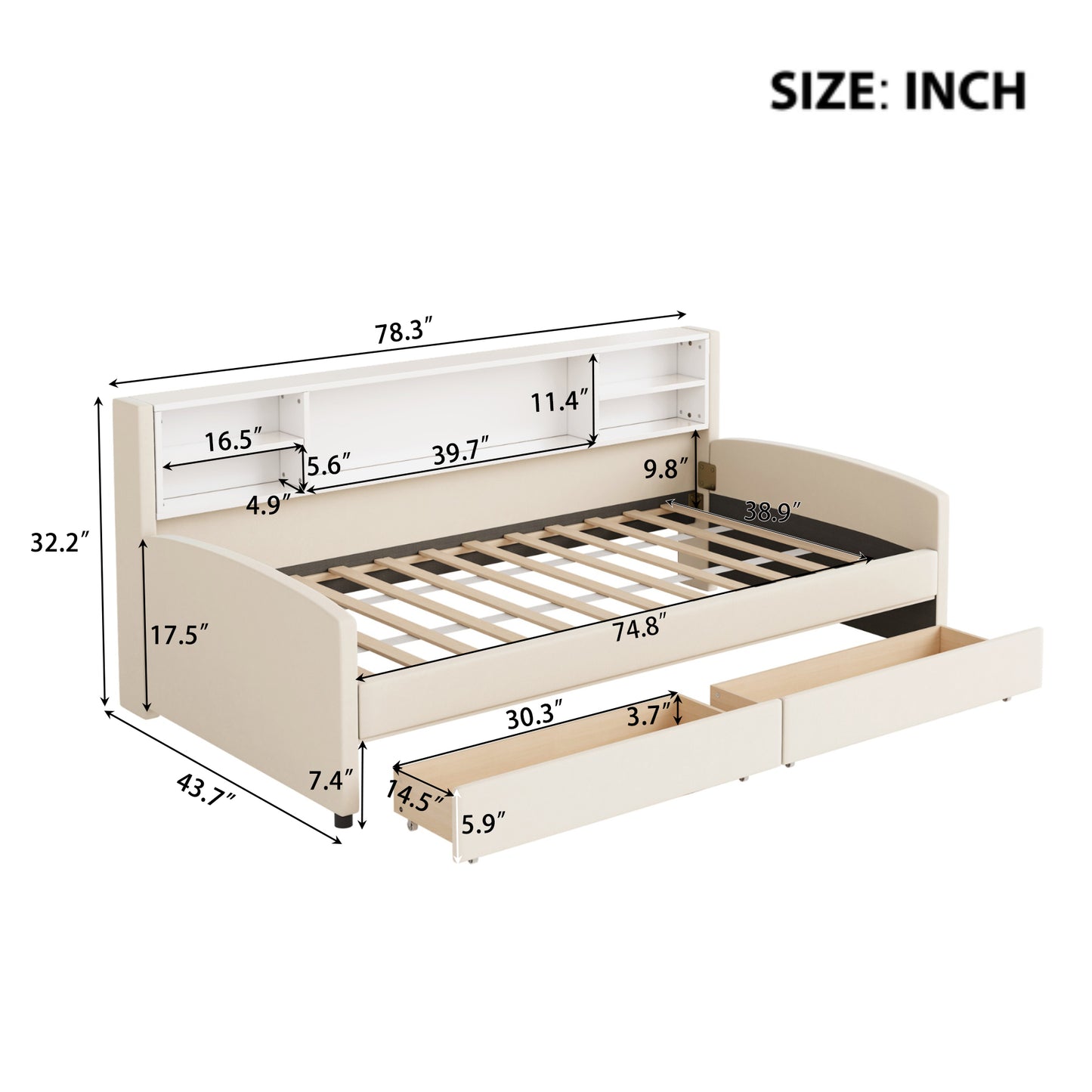 Cream upholstered daybed with builtin bookshelf and two storage drawers dimensions shown
