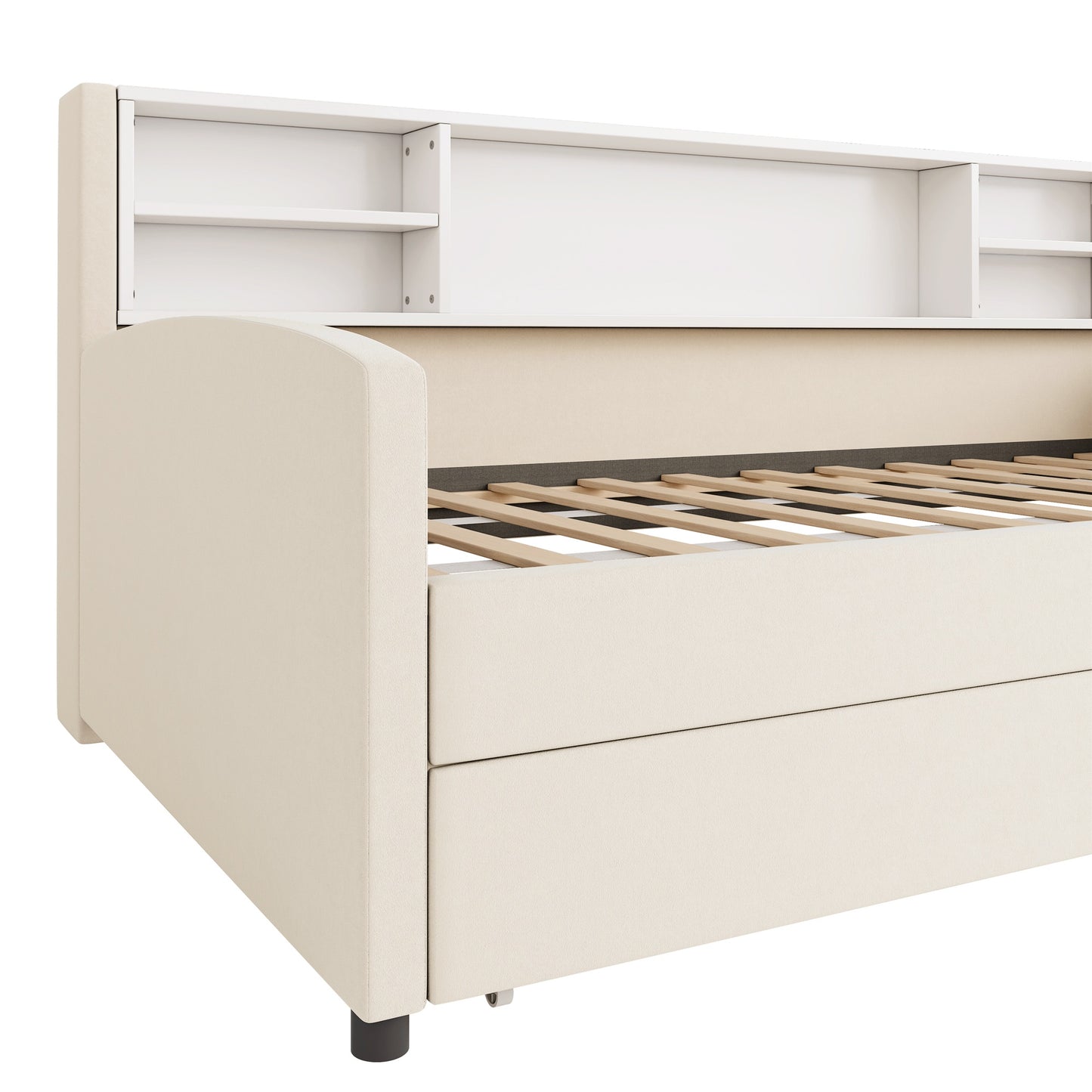 Cream upholstered daybed with builtin white shelves and pullout drawer