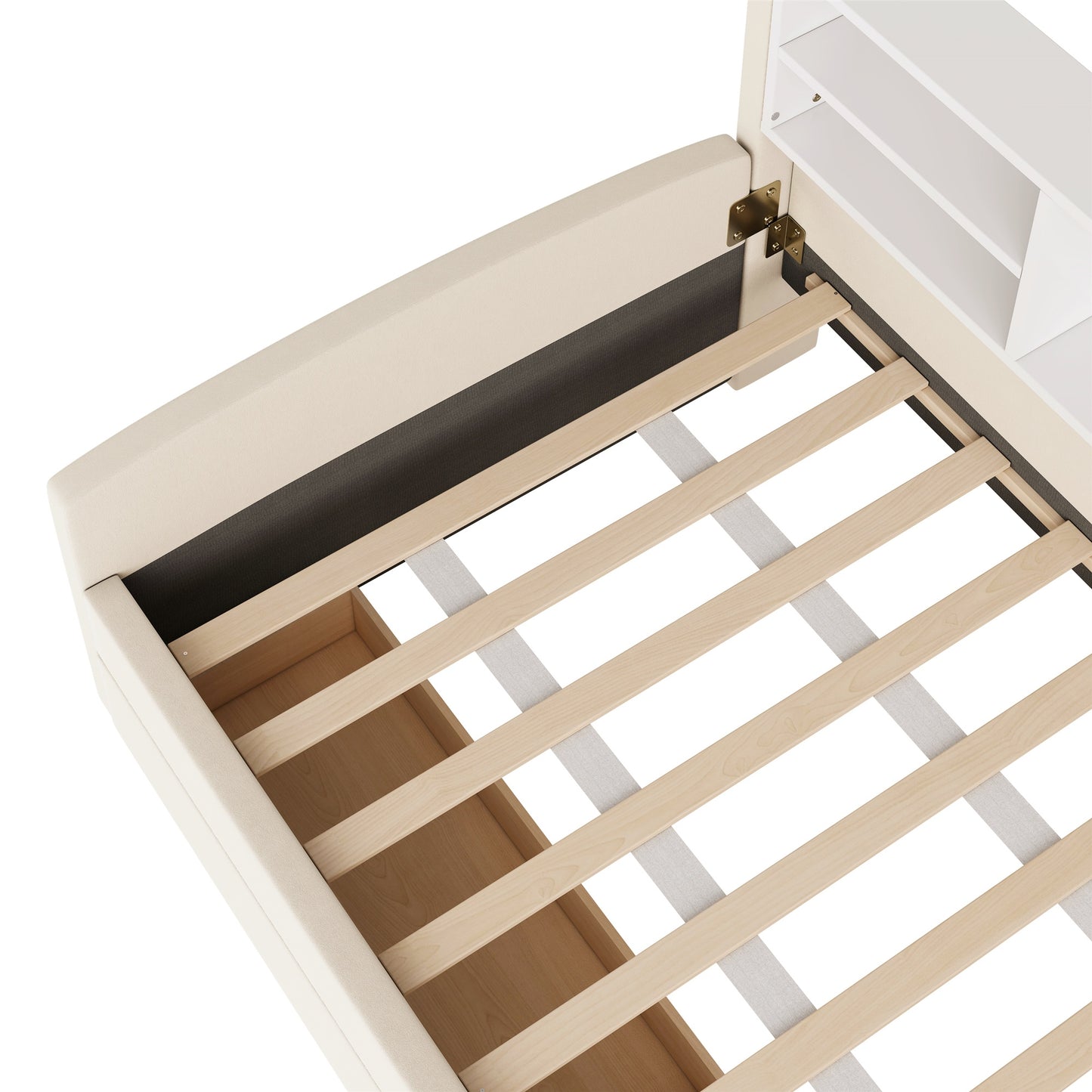 Upholstered beige bed frame with open storage drawers and wooden slats