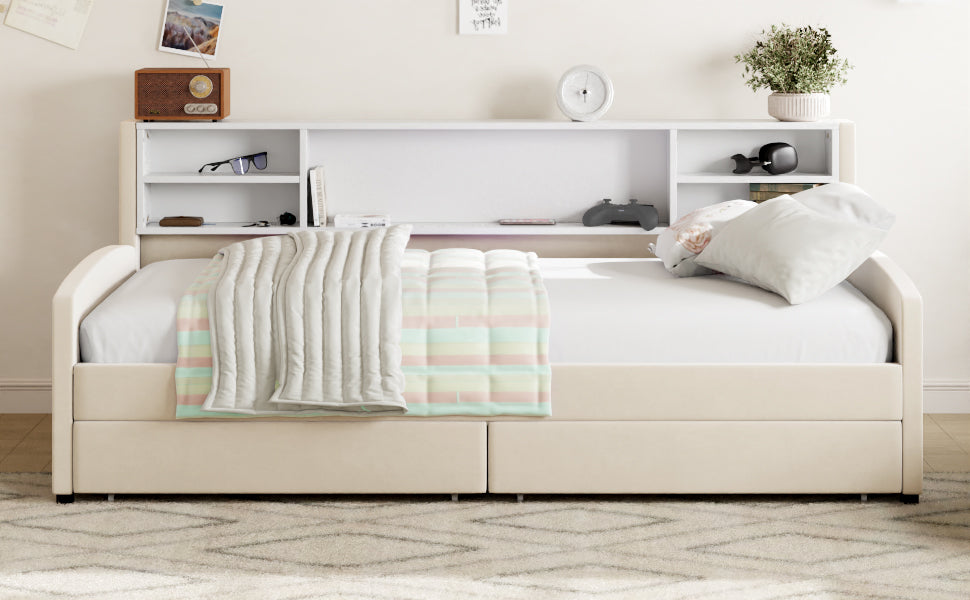 Cream upholstered daybed with integrated shelving and storage drawers for a cozy bedroom