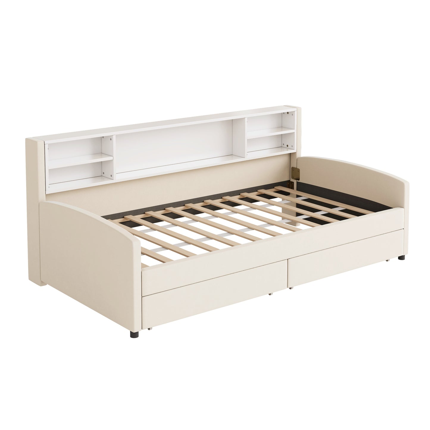 Beige upholstered daybed with builtin bookcase and two storage drawers