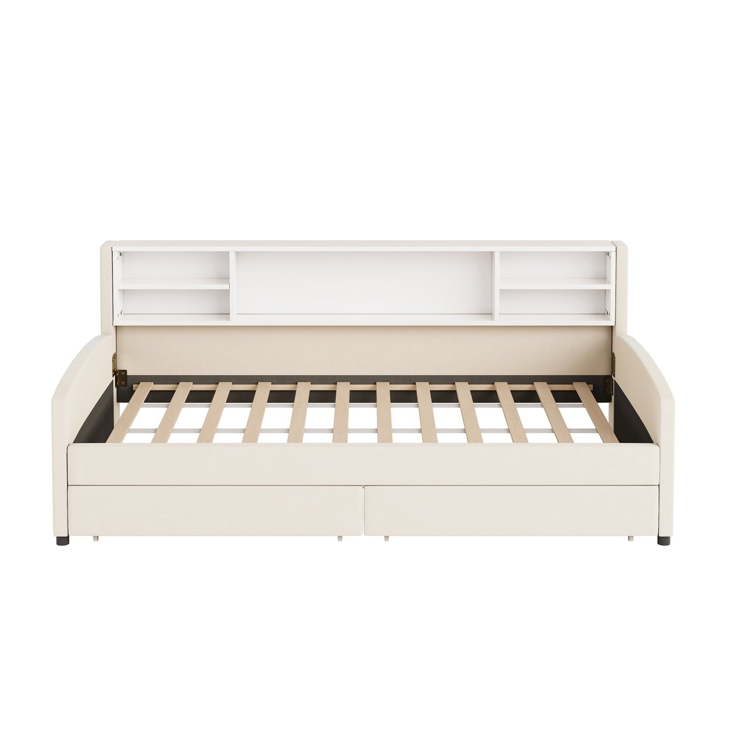 Cream upholstered daybed with builtin storage headboard and open slats