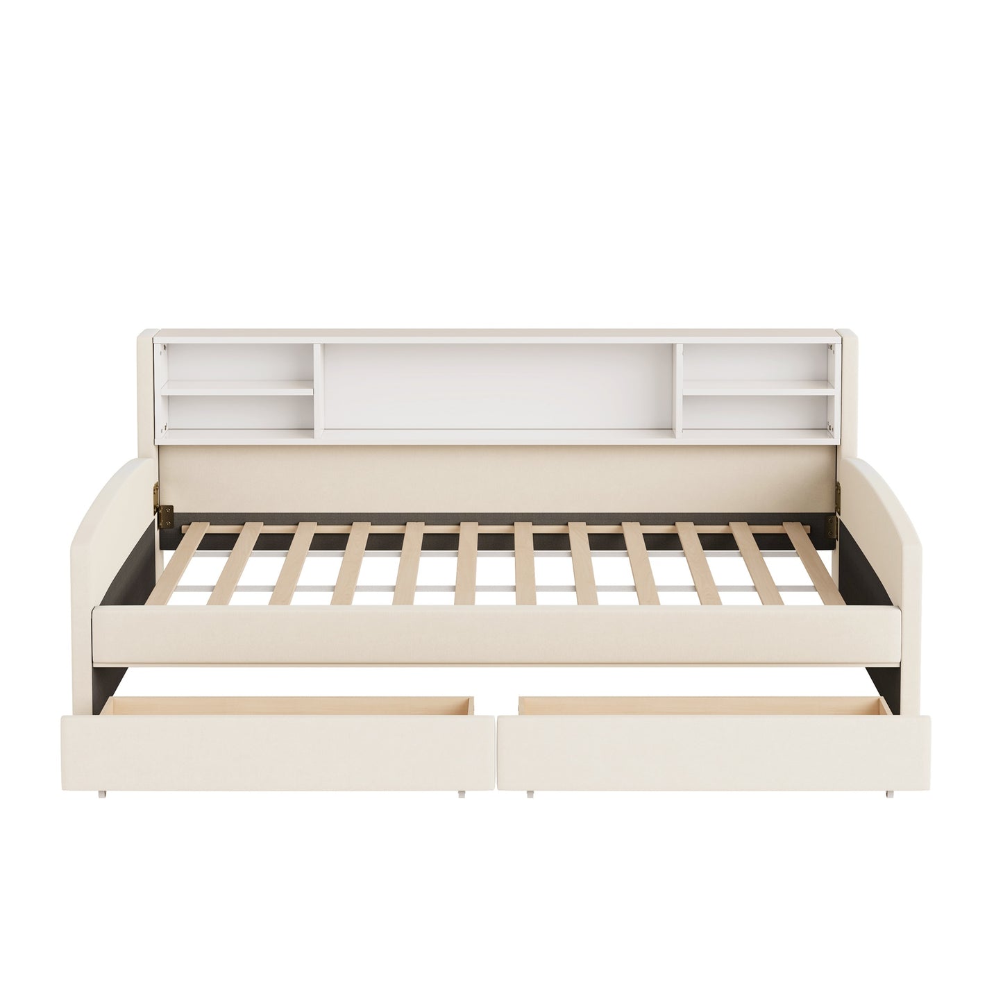 Cream upholstered daybed with headboard shelves and two storage drawers below