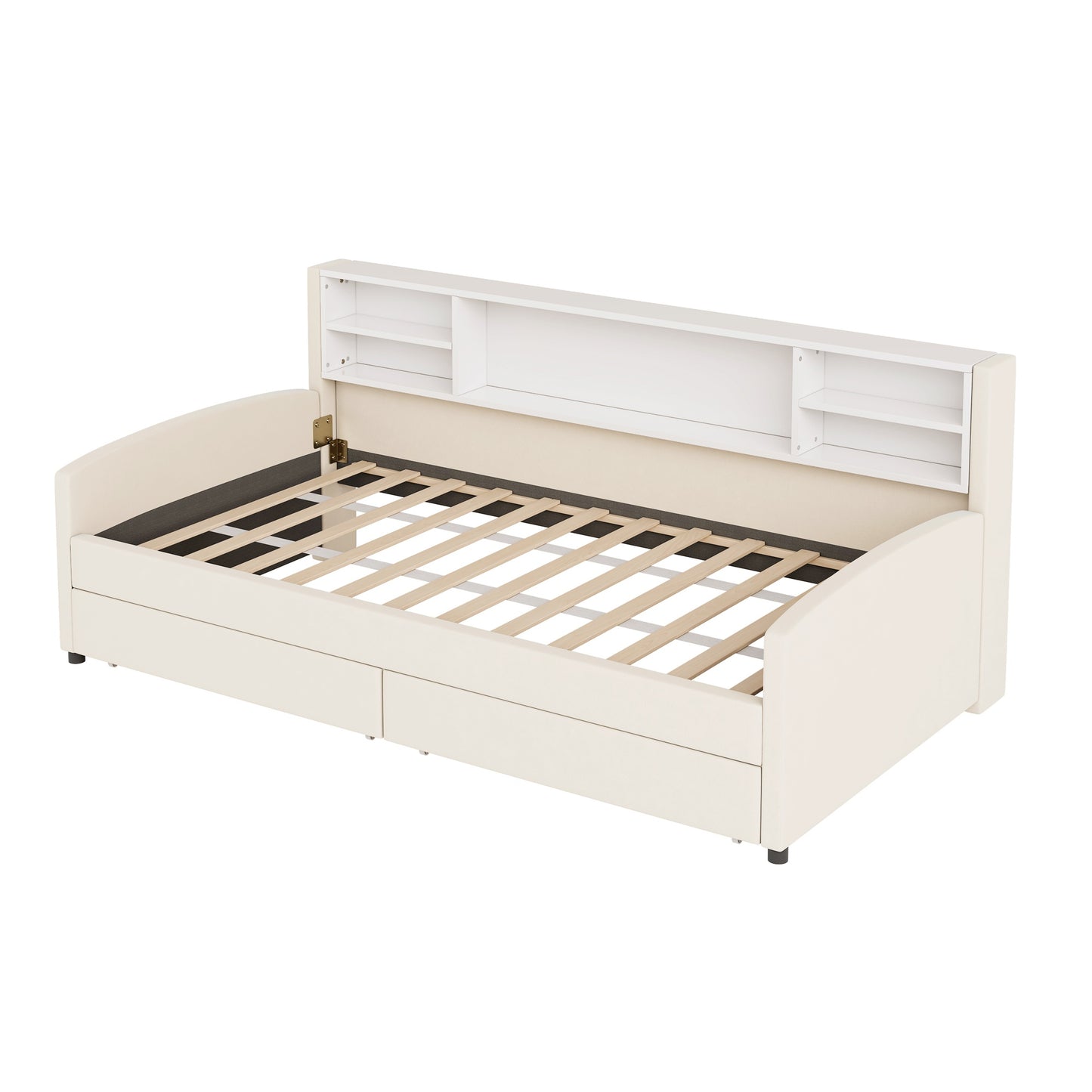 Cream upholstered daybed with two drawers and bookshelf headboard