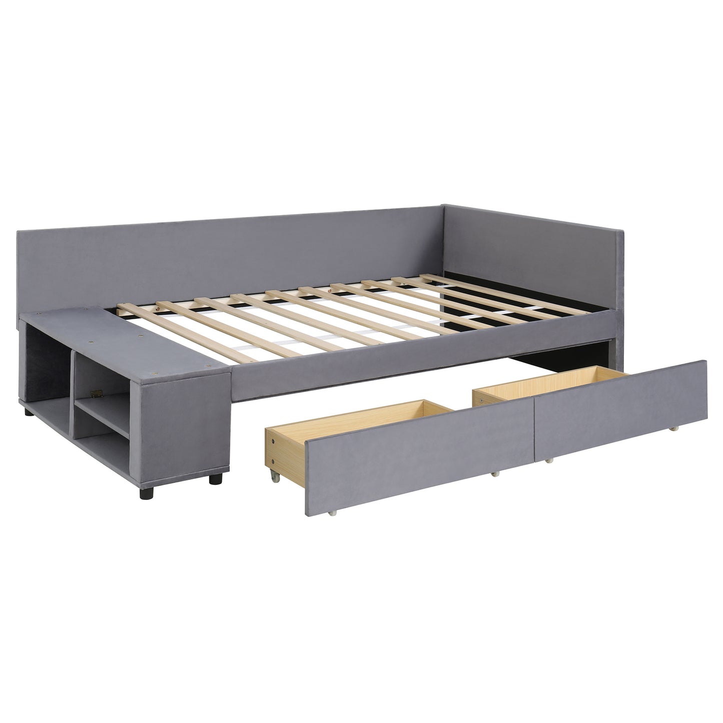 Grey velvet daybed with builtin storage drawers and open shelving compartment