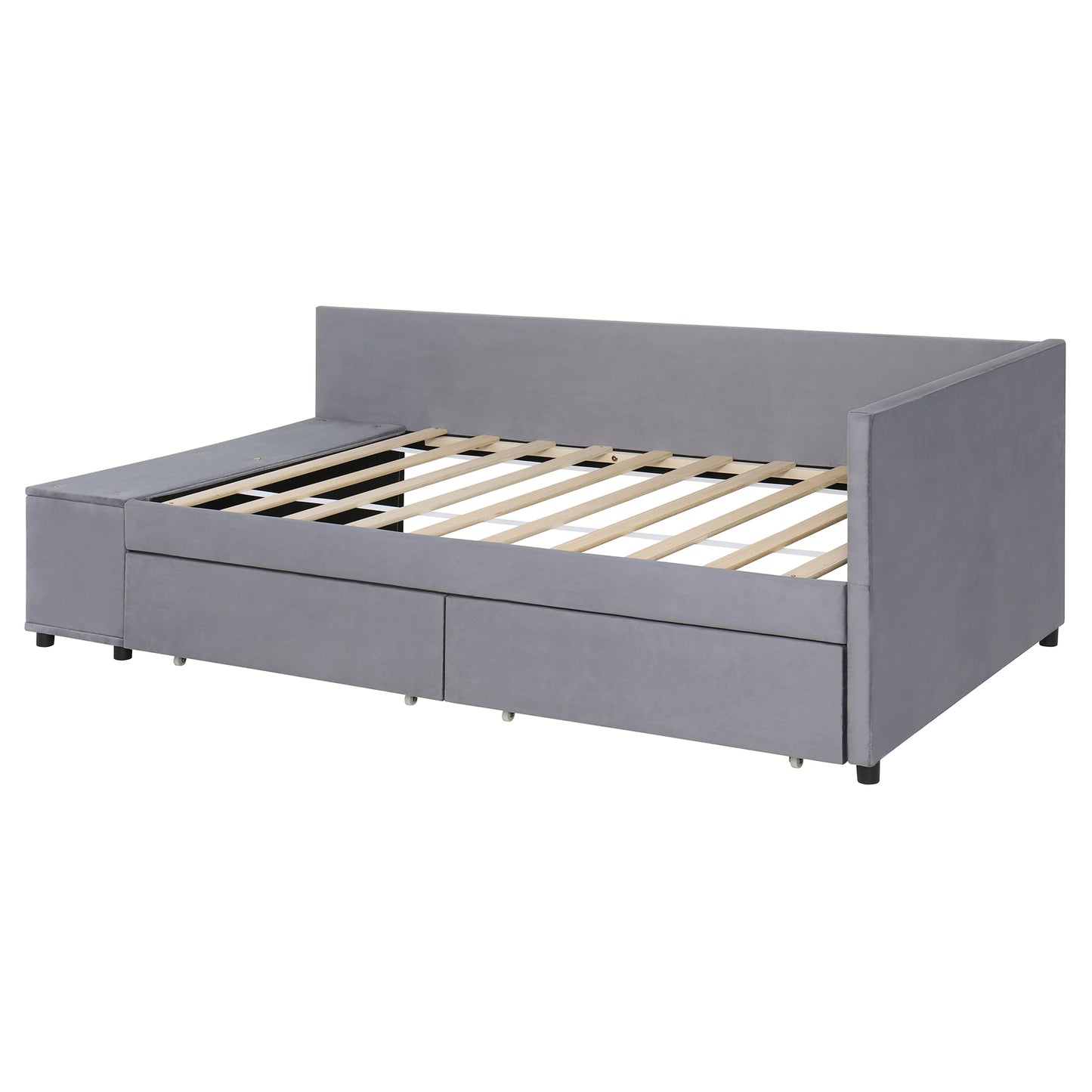Grey velvet daybed with two drawers and wooden slats characters