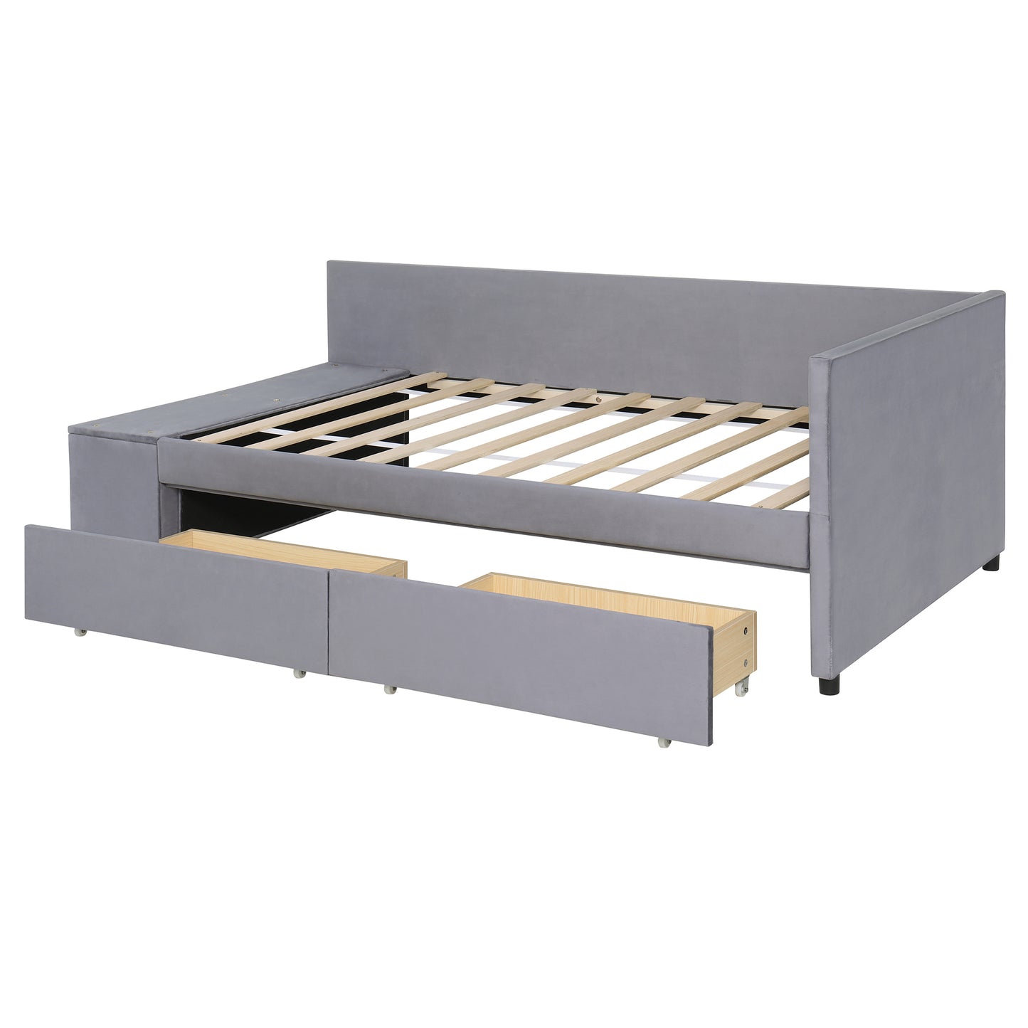 Grey velvet daybed with two pullout drawers for storage