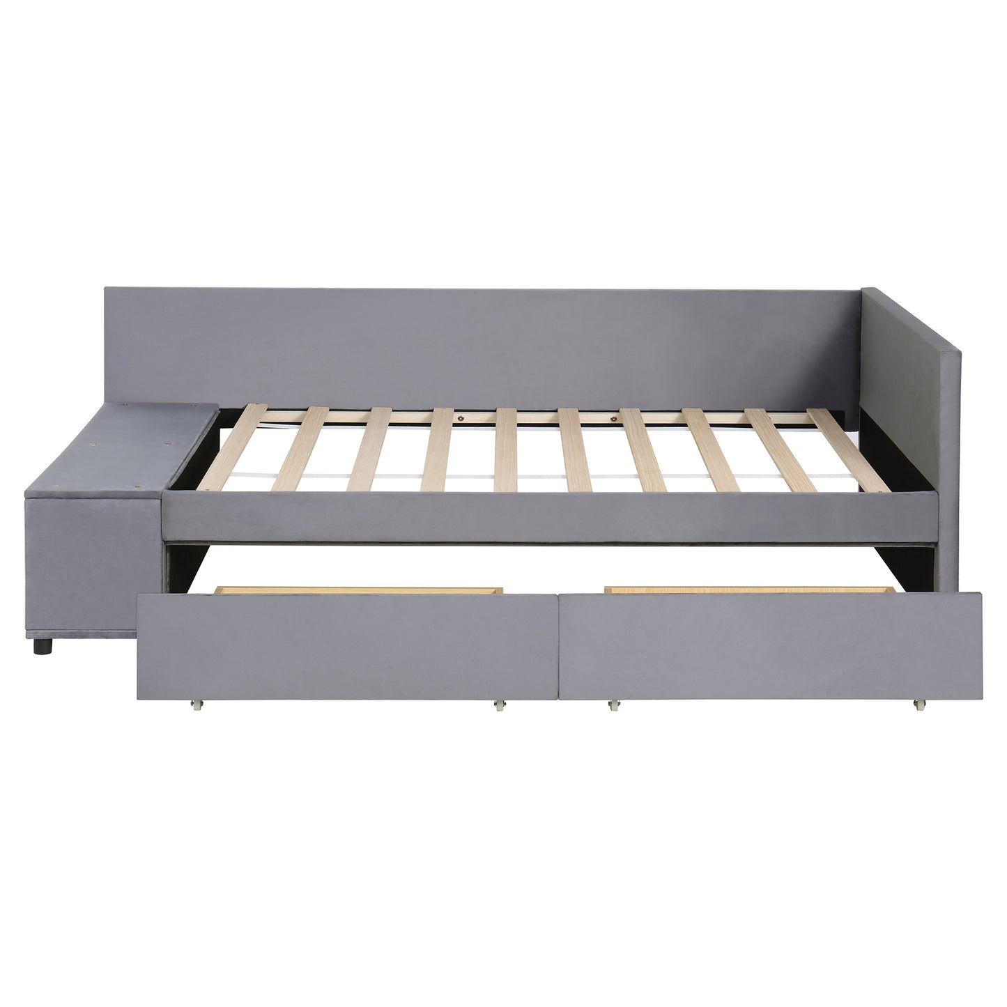 Grey upholstered daybed with integrated storage drawers and wooden slat support for mattress