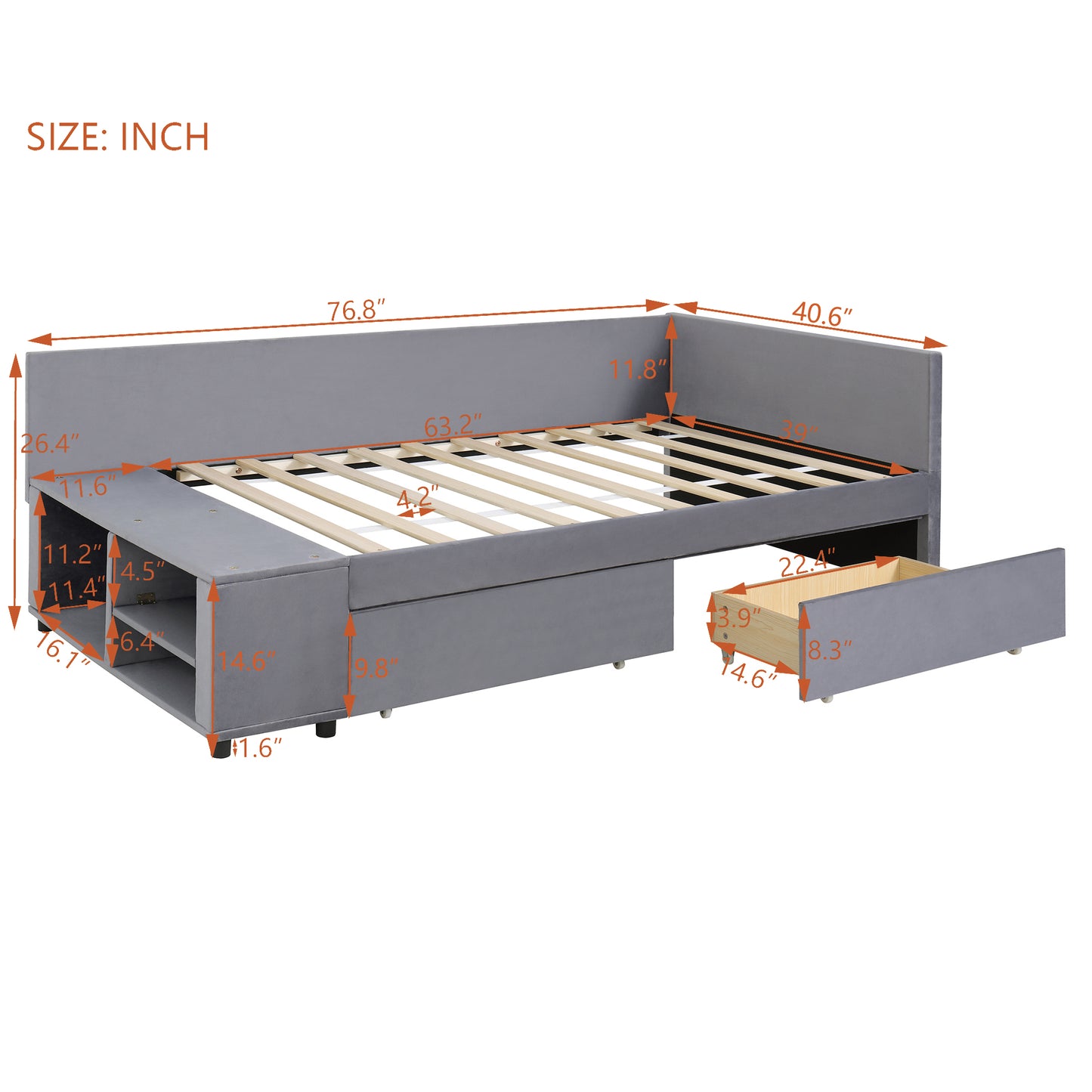Gray upholstered daybed with storage drawers and shelves dimensions L x W