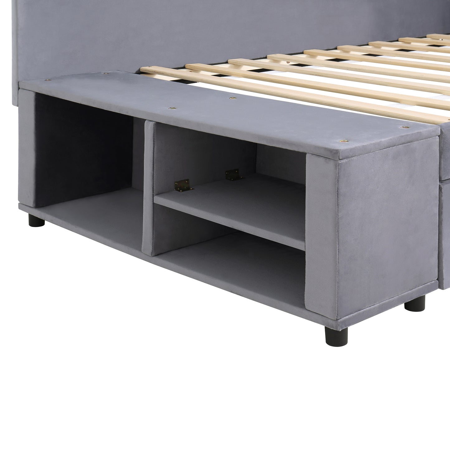Gray velvet storage bed frame with open shelving cubbies and wooden slats