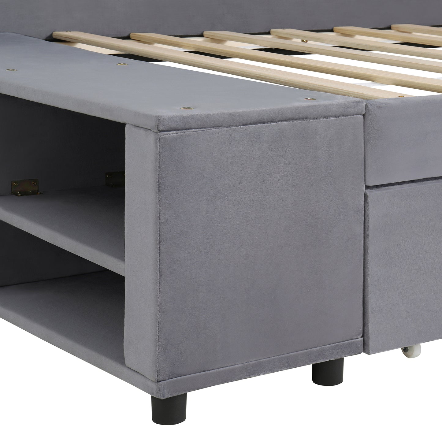 Grey velvet bed frame with two open storage shelves on the side