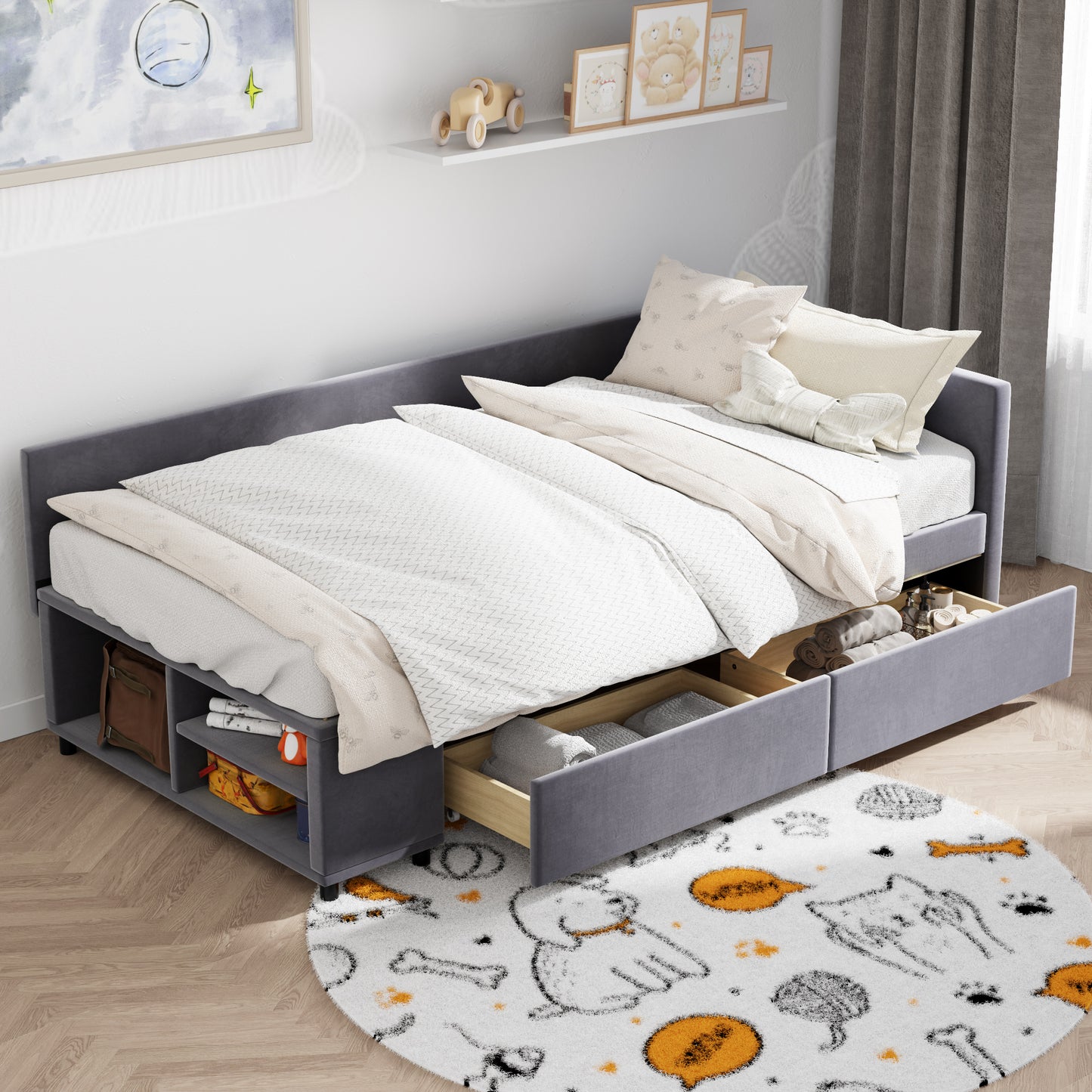 Grey velvet daybed with storage drawers and shelves ideal for kids rooms