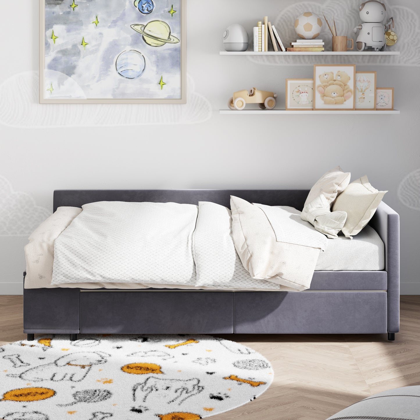 Grey velvet daybed with white bedding and throw pillows perfect for kids rooms
