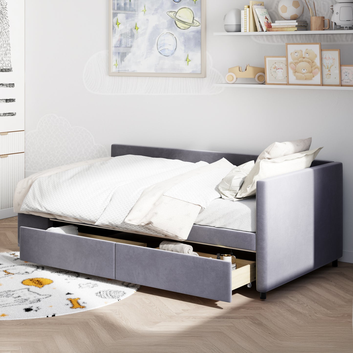 Grey velvet daybed with two storage drawers perfect for kids rooms