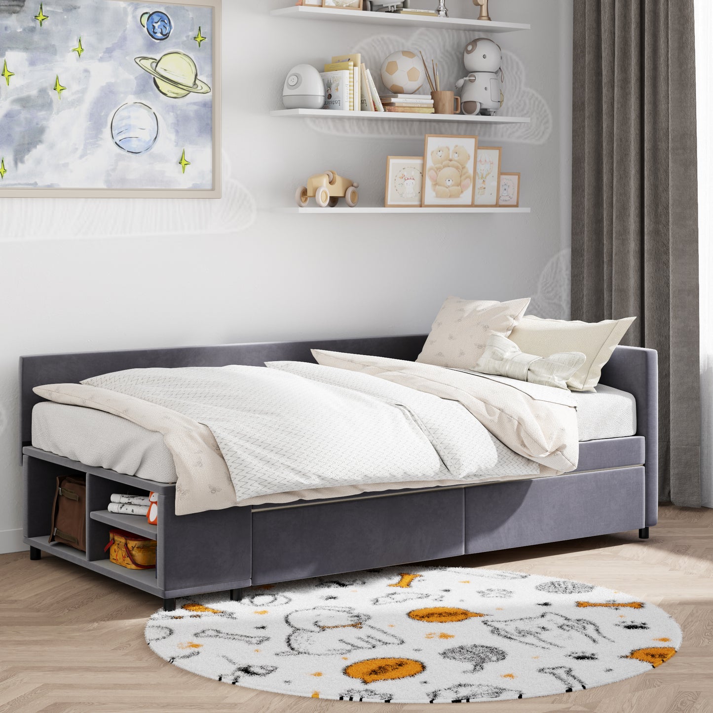 Grey upholstered daybed with builtin storage and cream bedding