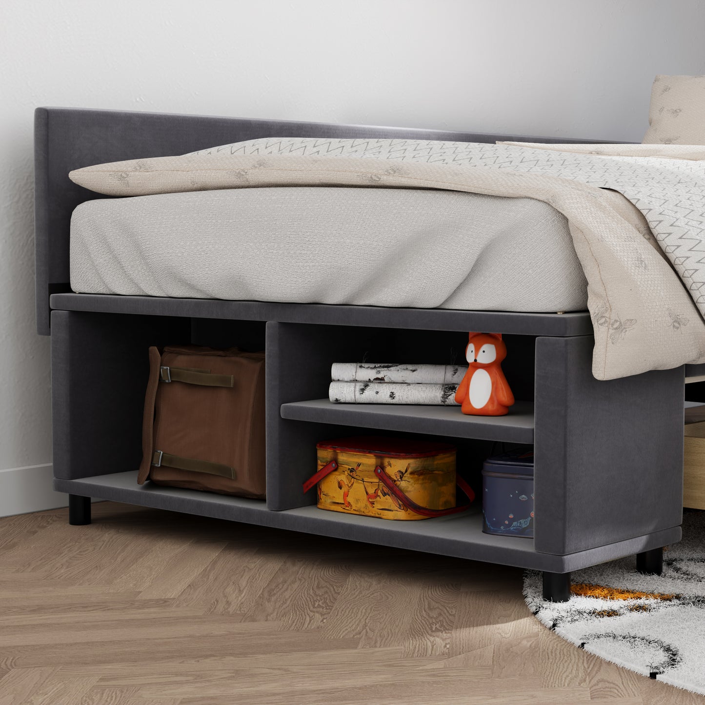 Gray upholstered storage bed frame with open shelving and stored items like bags and decor