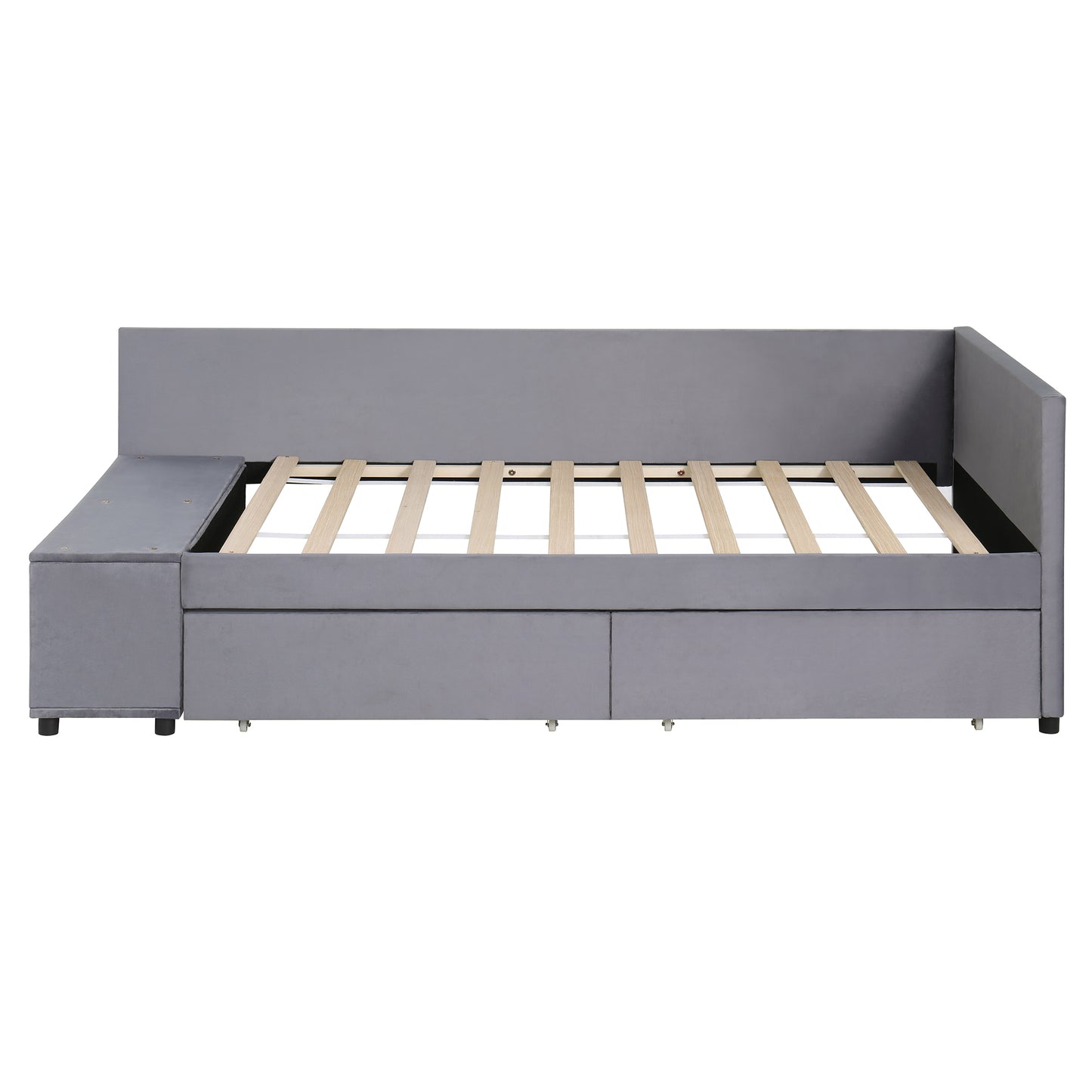 Grey velvet daybed with drawers wooden slat support and a builtin side table for modern living spaces