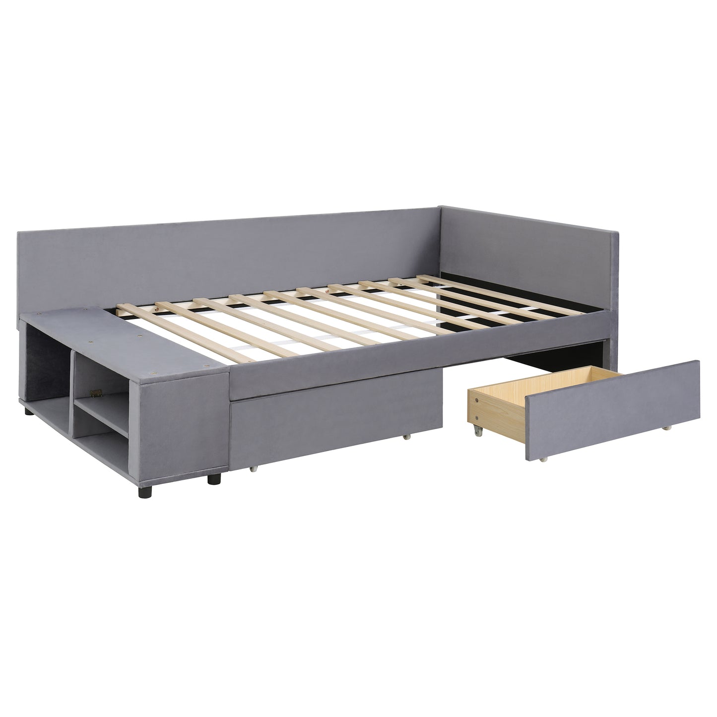 Gray fabric daybed with open storage shelves and a pullout drawer