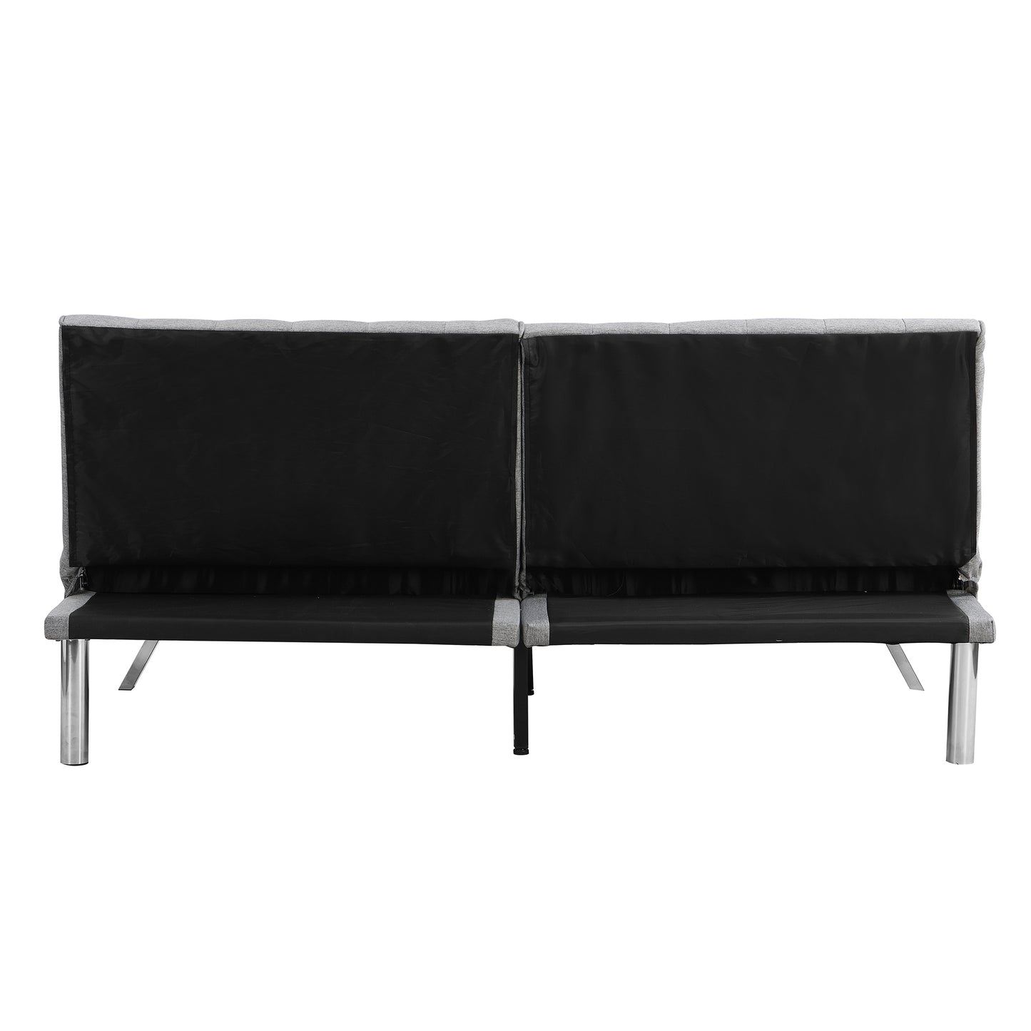 Modern grey futon sofa with tufted back and chrome legs functional for small spaces