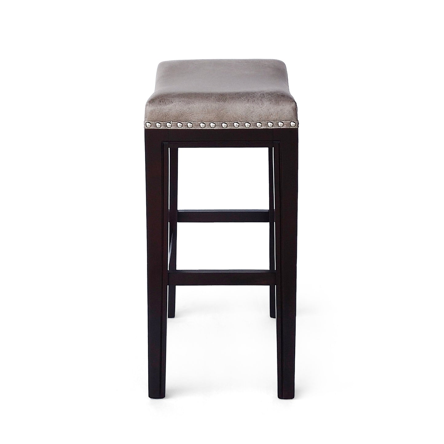 Saddle bar stool with a grey velvet seat and dark espresso wooden legs adorned with silver nailhead trim