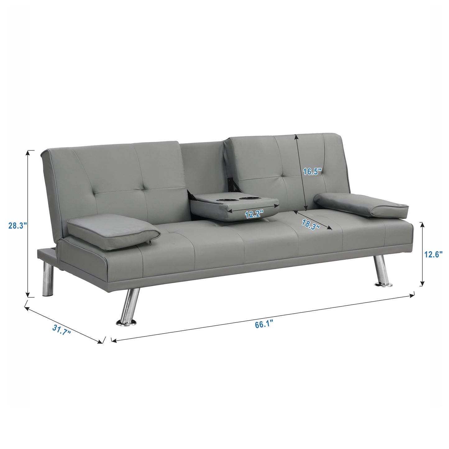 Gray faux leather sofa with tufted back and chrome legs featuring a folddown armrest with cup holders for convenient use