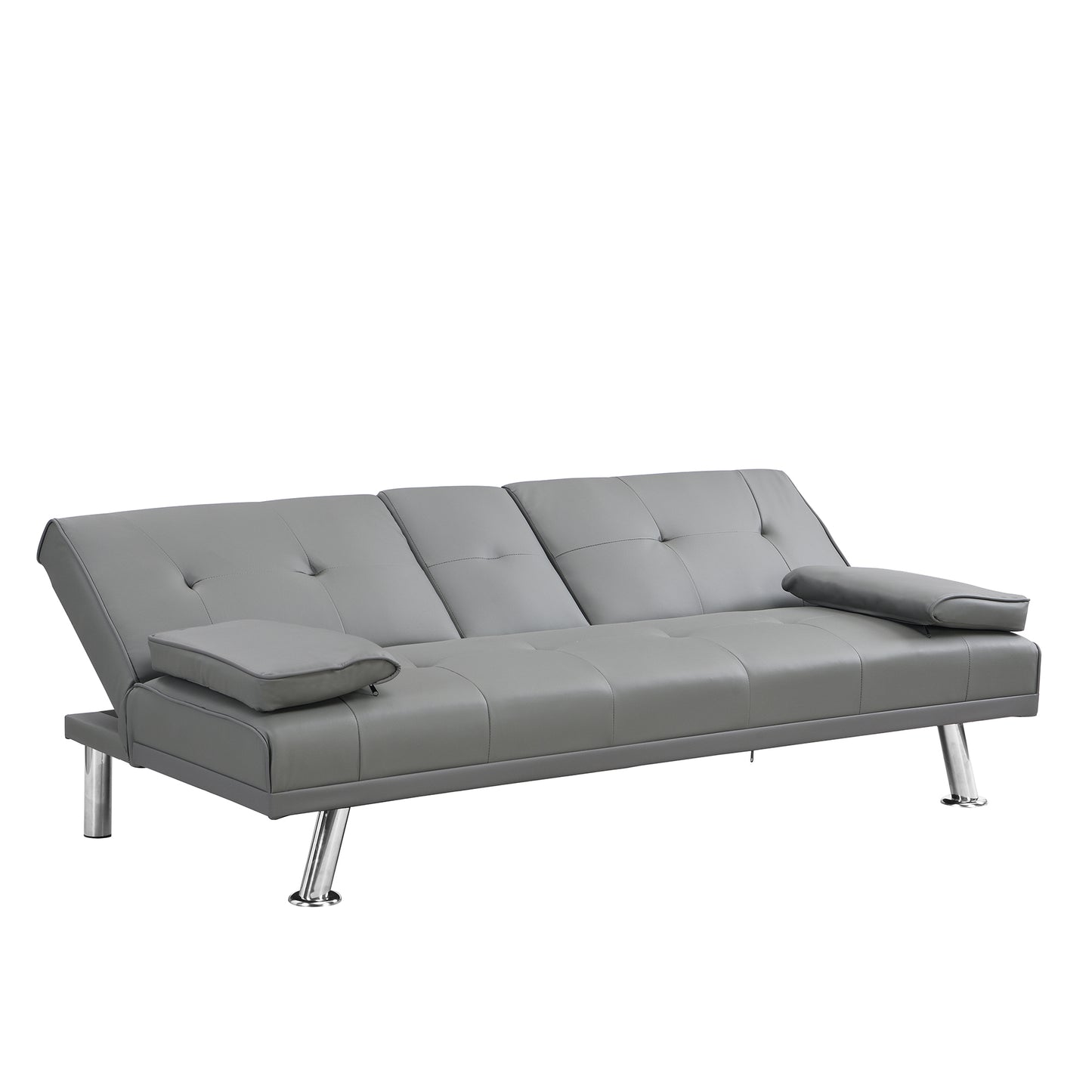 Gray faux leather futon sofa with tufted seat cushions and chrome legs