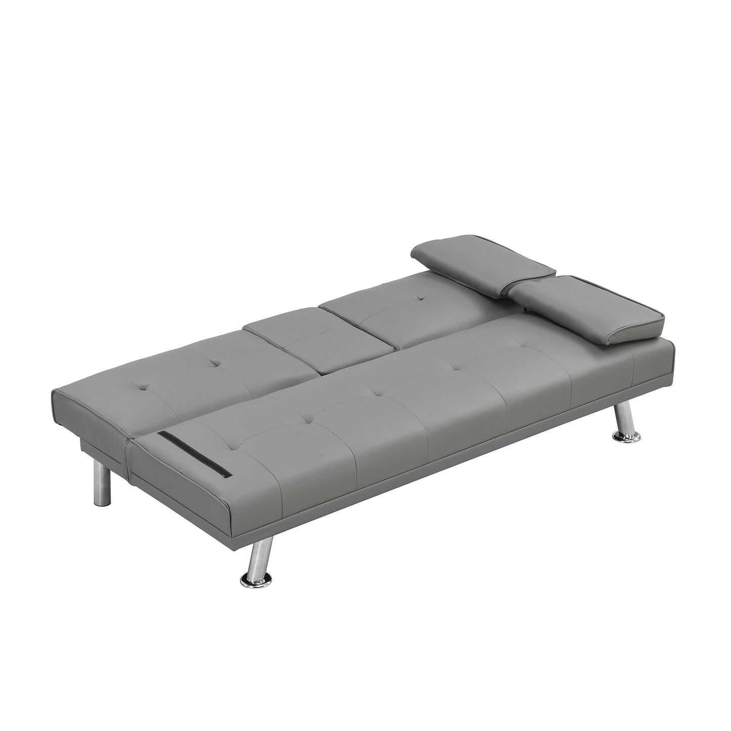 Grey faux leather futon sofa with tufted seat cushions and chrome legs
