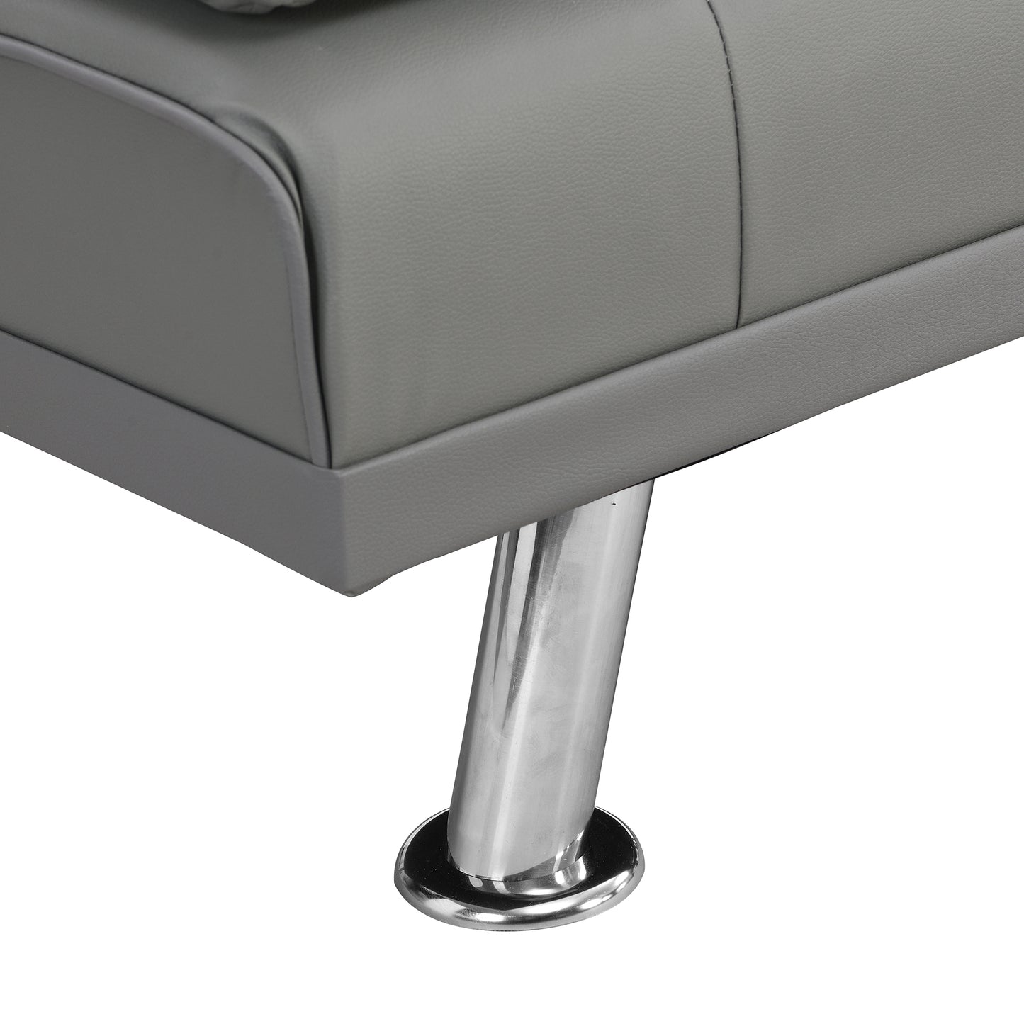 Close up of a grey faux leather sofa armrest with a chrome leg