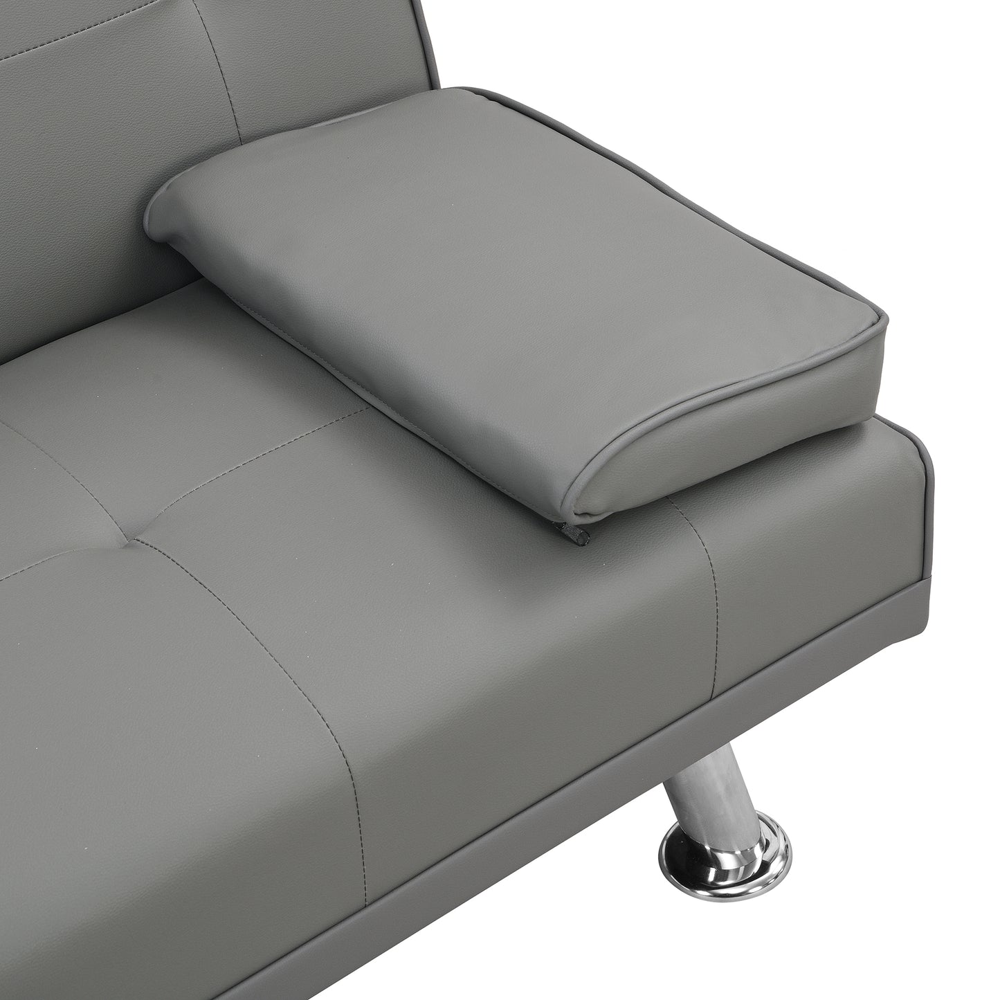 Gray faux leather sofa armrest with stitched detailing and chrome leg