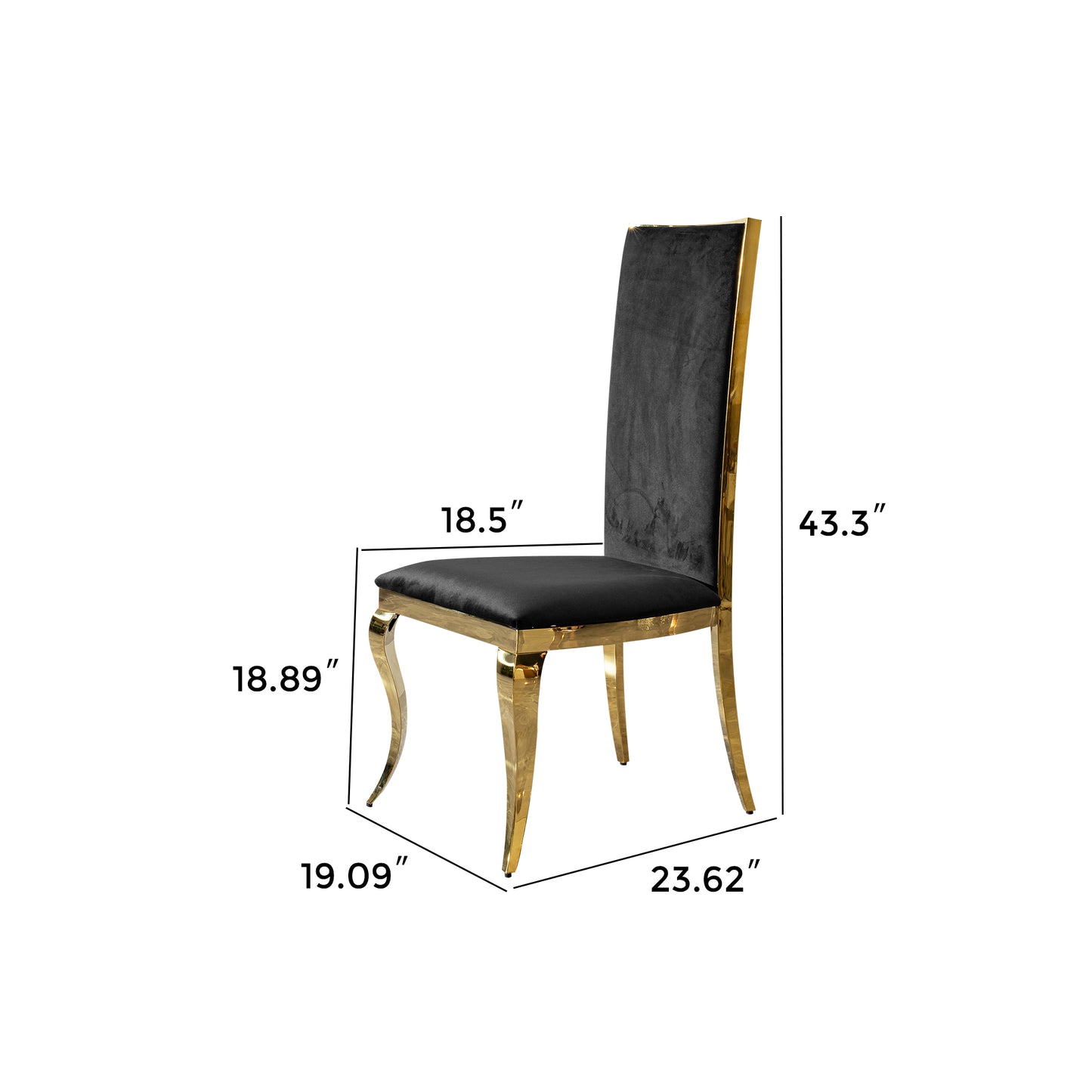 Black velvet dining chair with polished gold stainless steel legs and a tall backrest for luxurious seating