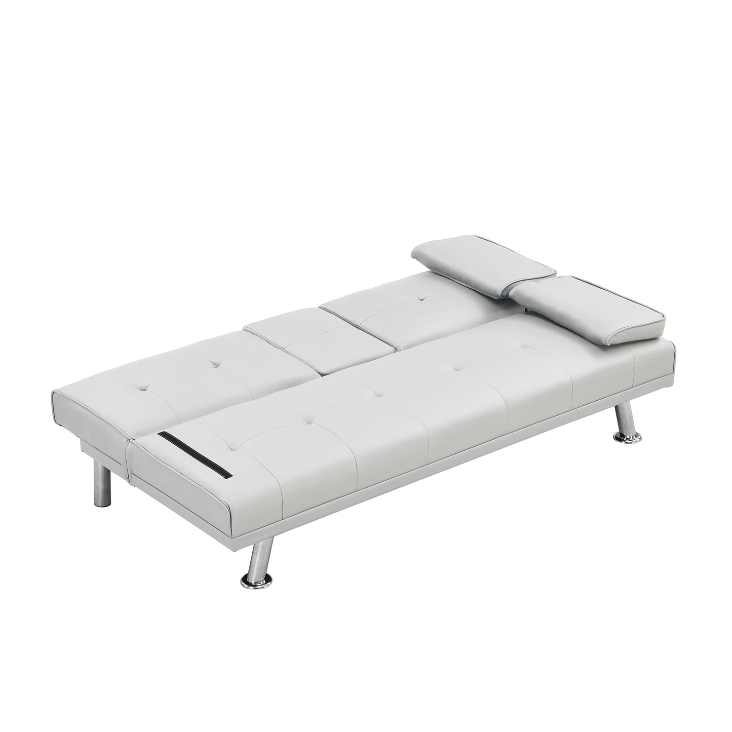 White leather sofa bed with tufted cushions and chrome legs ideal for small spaces