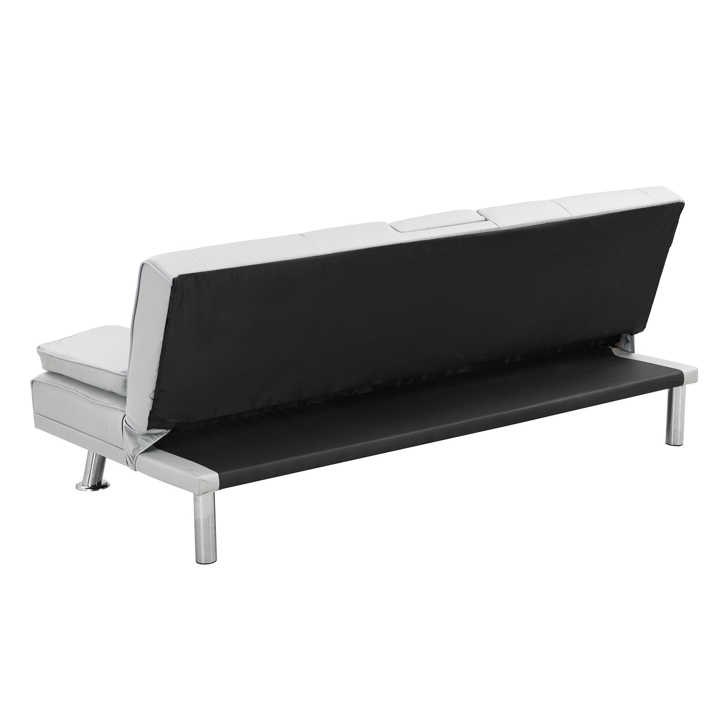 Grey faux leather sofa bed with black fabric underside and chrome legs