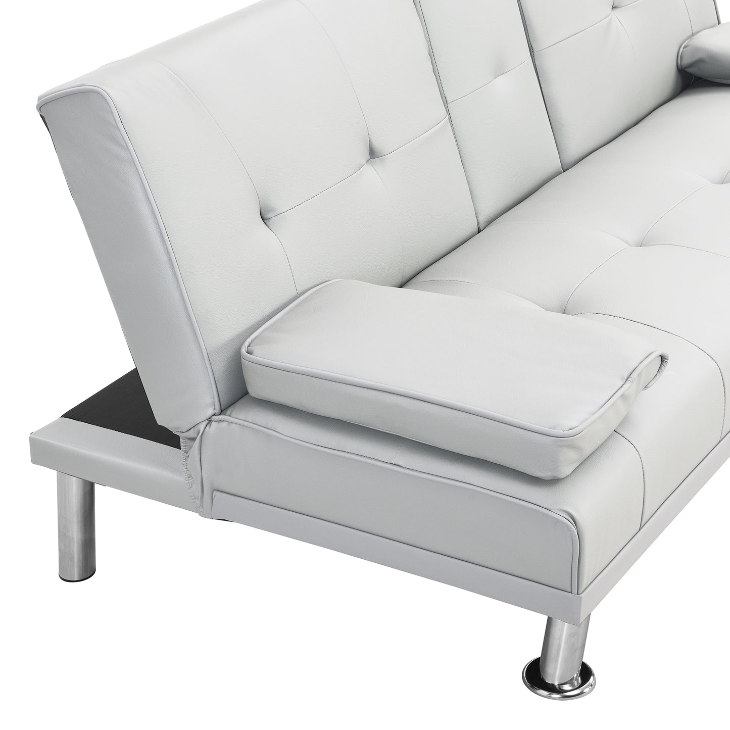Modern gray faux leather sofa with tufted cushions and chrome legs perfect for small apartments