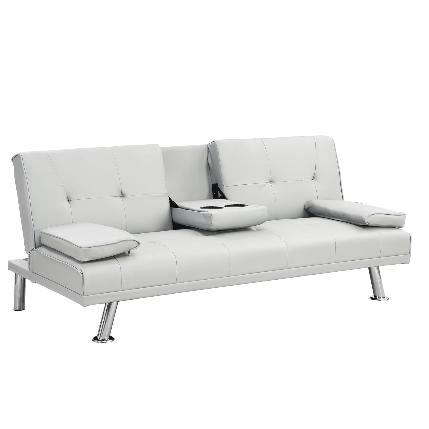 White faux leather sofa bed with tufted cushions and cup holders