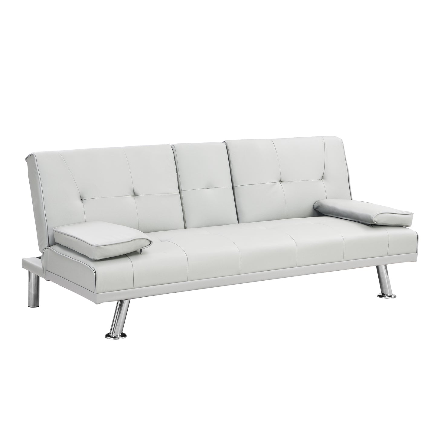 White faux leather sofa with tufted cushions and chrome legs