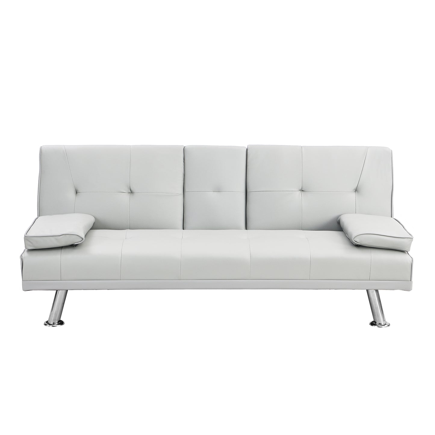 Light grey faux leather sofa with tufted cushions and chrome legs