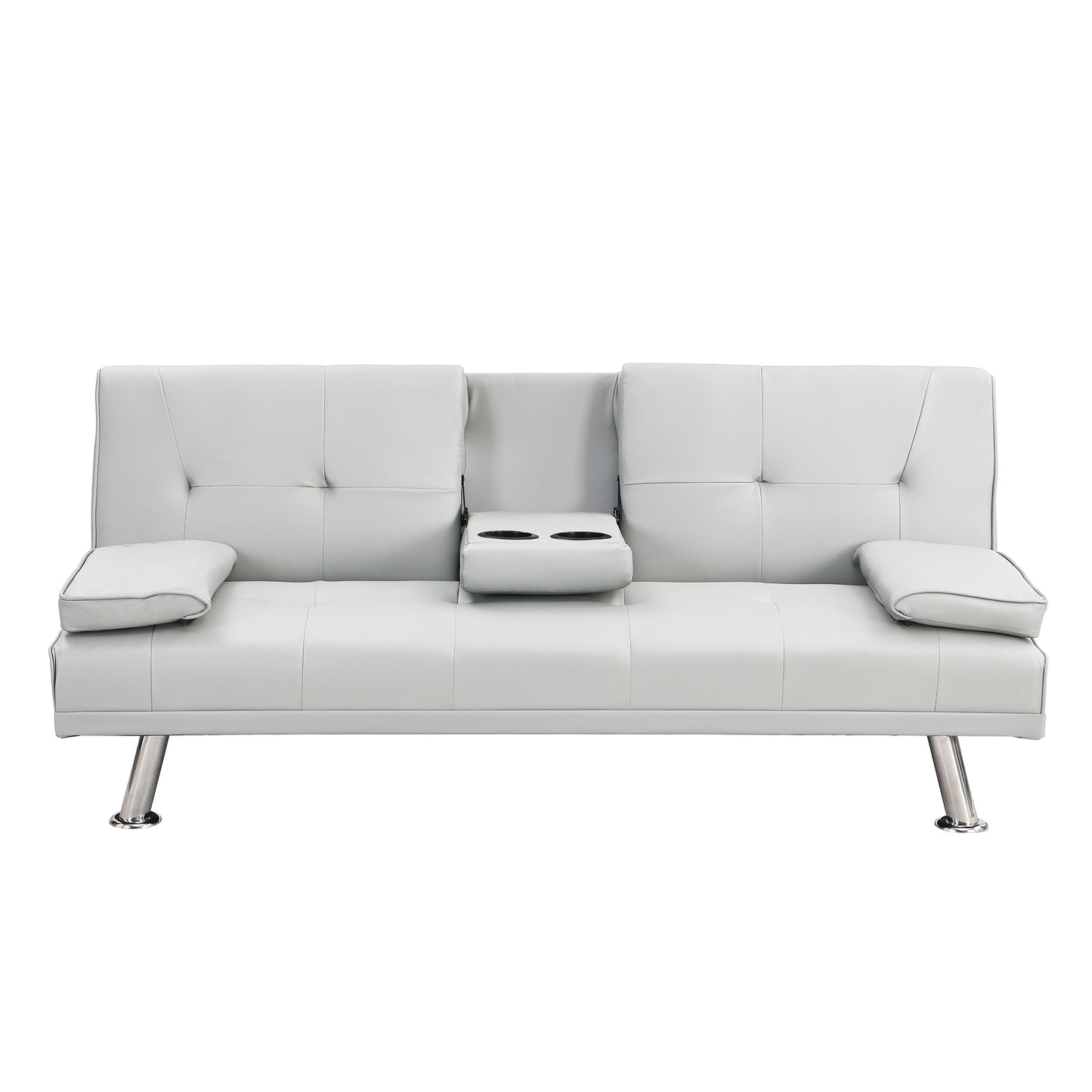 Light grey faux leather futon sofa with builtin cup holders and chrome legs