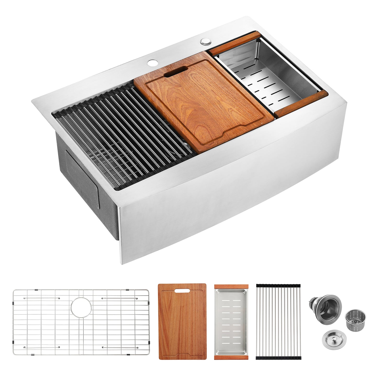 Stainless steel apron sink with wood cutting board and drying rack