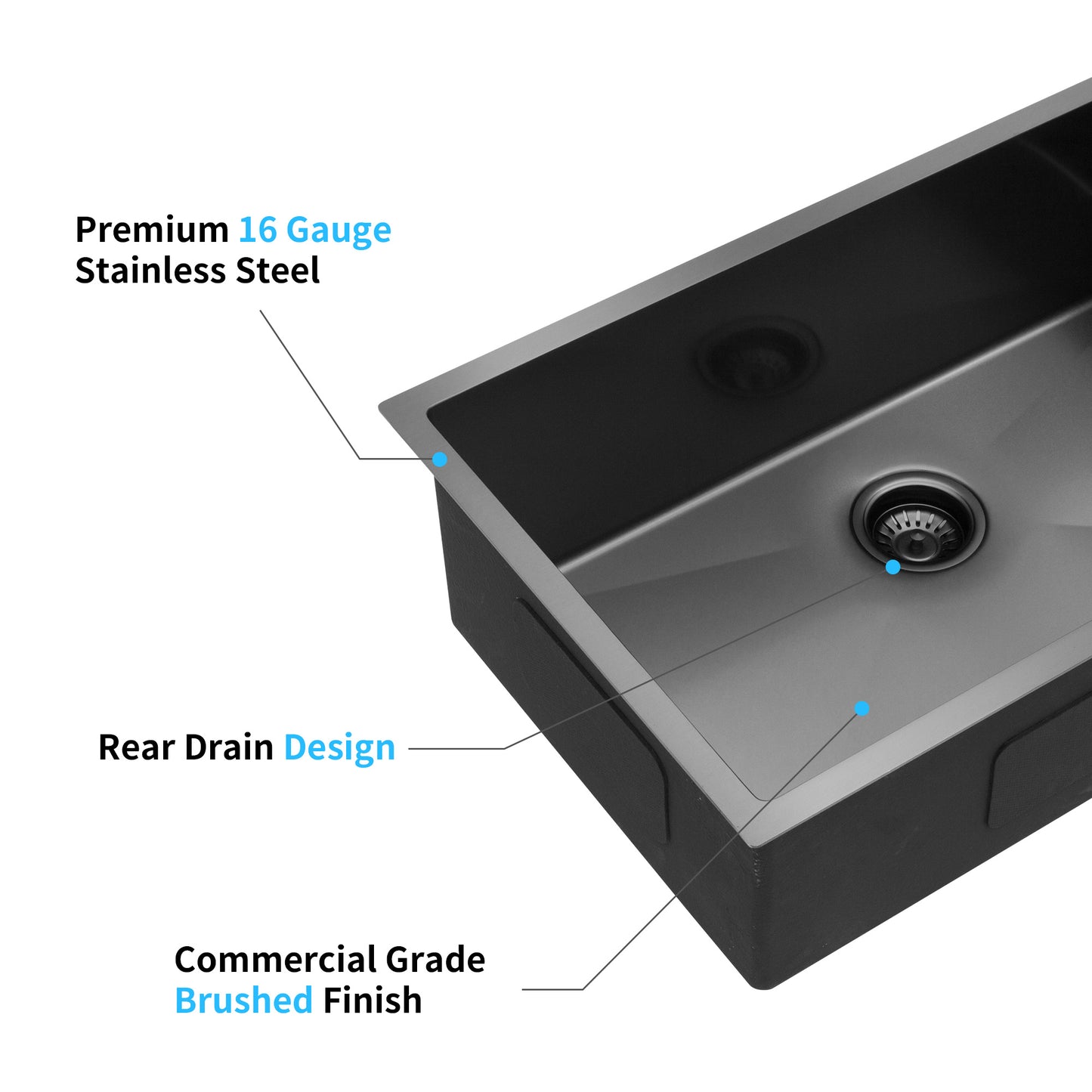 Rectangular stainless steel sink with a premium gauge construction