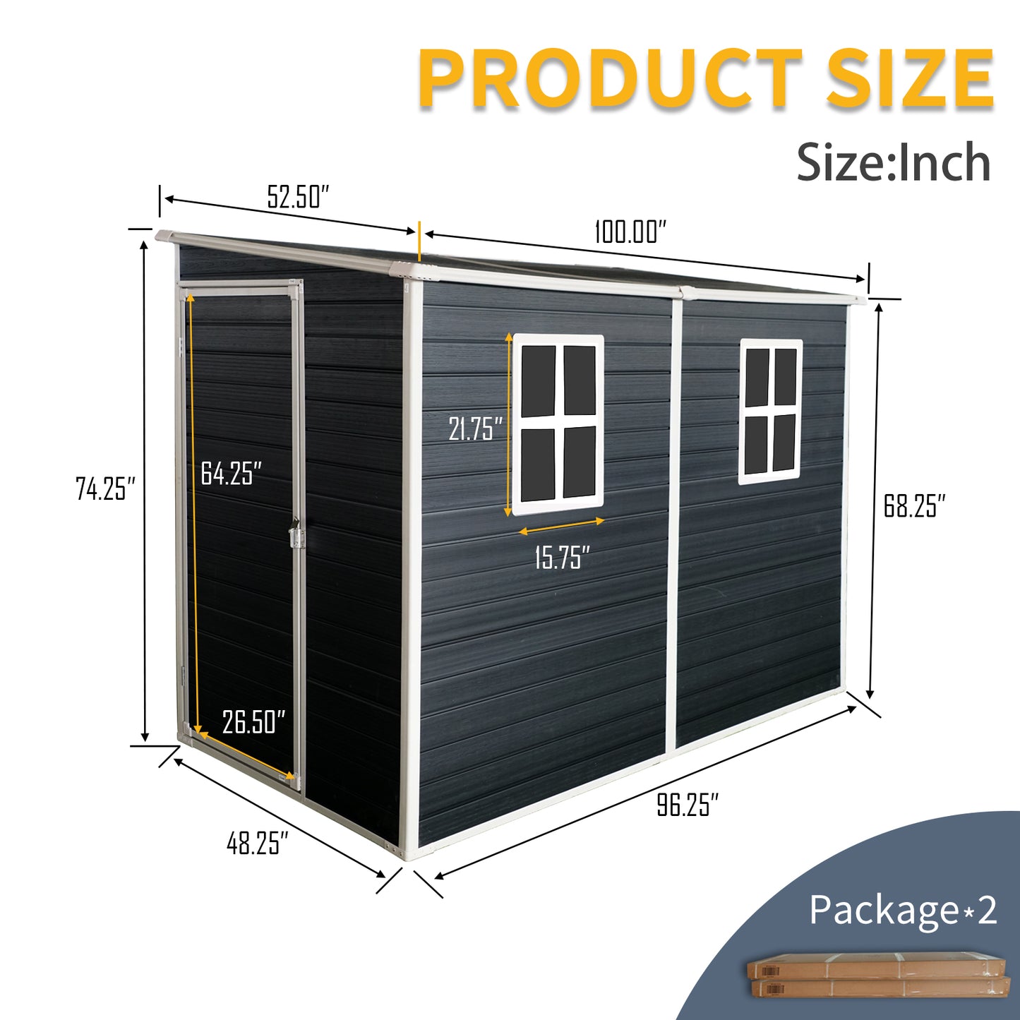 Dark gray metal garden shed with white trim single door and two windows