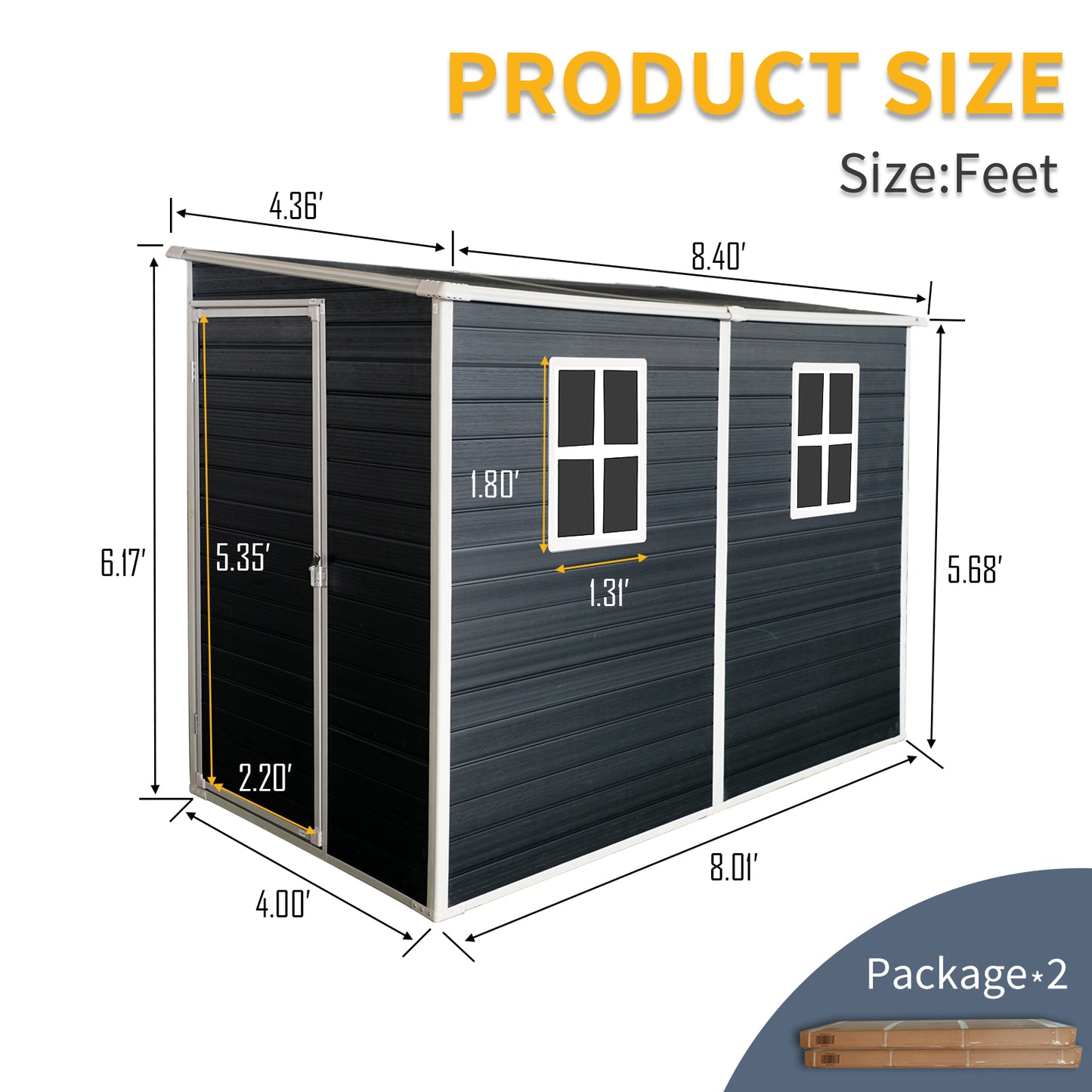 Dark grey metal shed with white trim two windows and single door Dimensions labeled