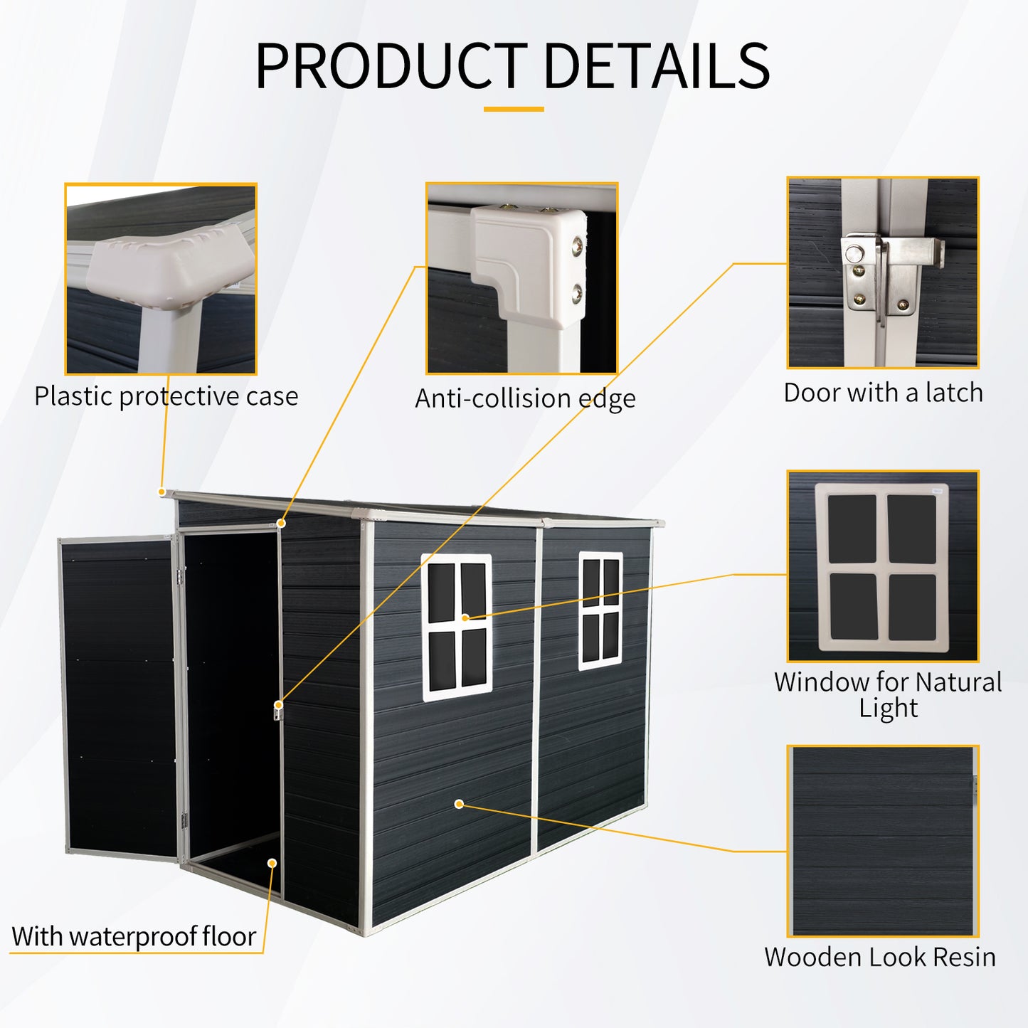 Black storage shed with double doors two windows and a waterproof floor