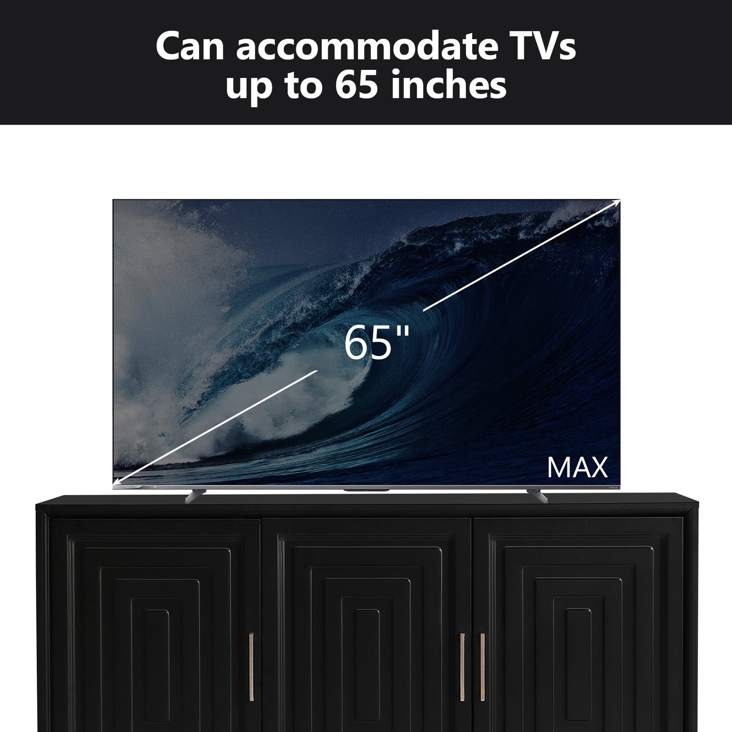 Black media console with decorative paneling accommodating TVs up to inches
