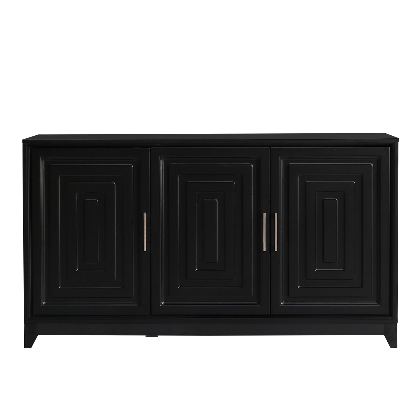 Black contemporary sideboard with recessed panel doors and silver hardware