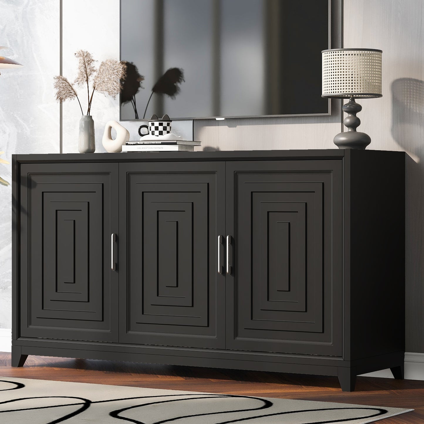 Dark gray threedoor sideboard with geometric inlay design and silver handles