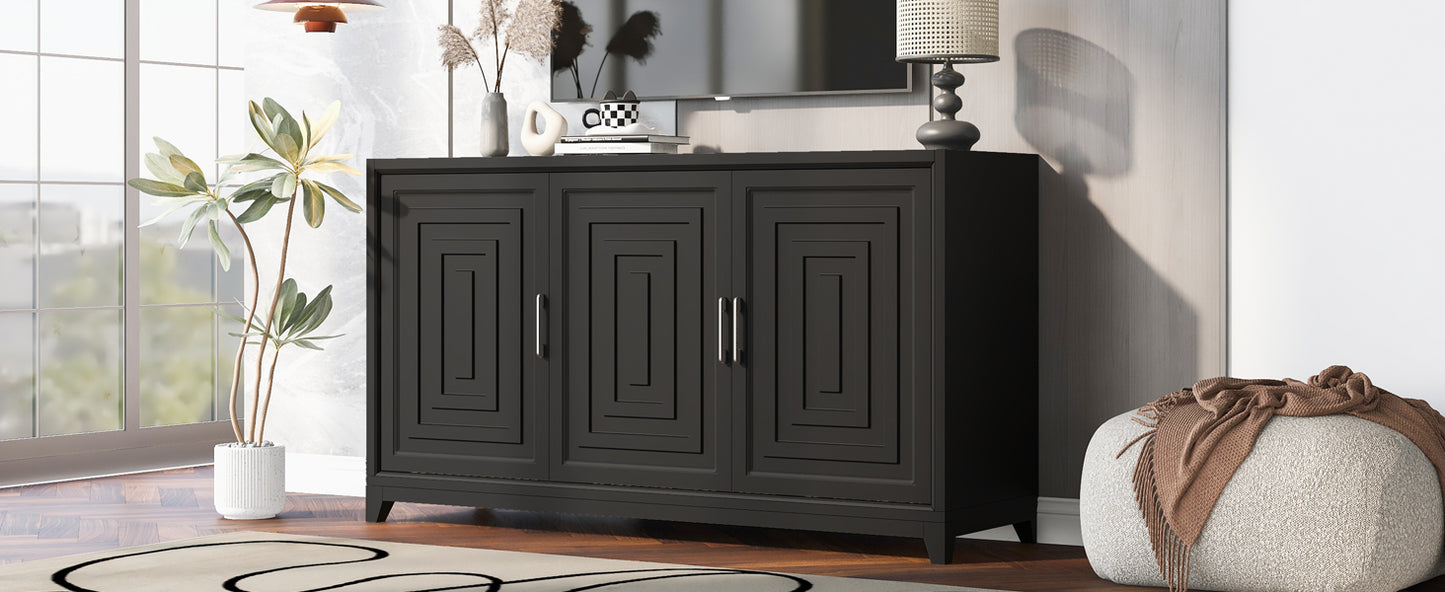 Modern black credenza with three doors and geometric paneling