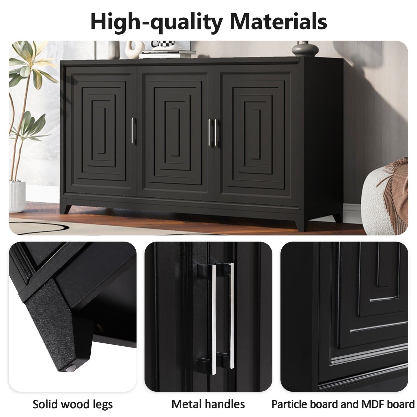 Black modern sideboard with three paneled doors and silver handles