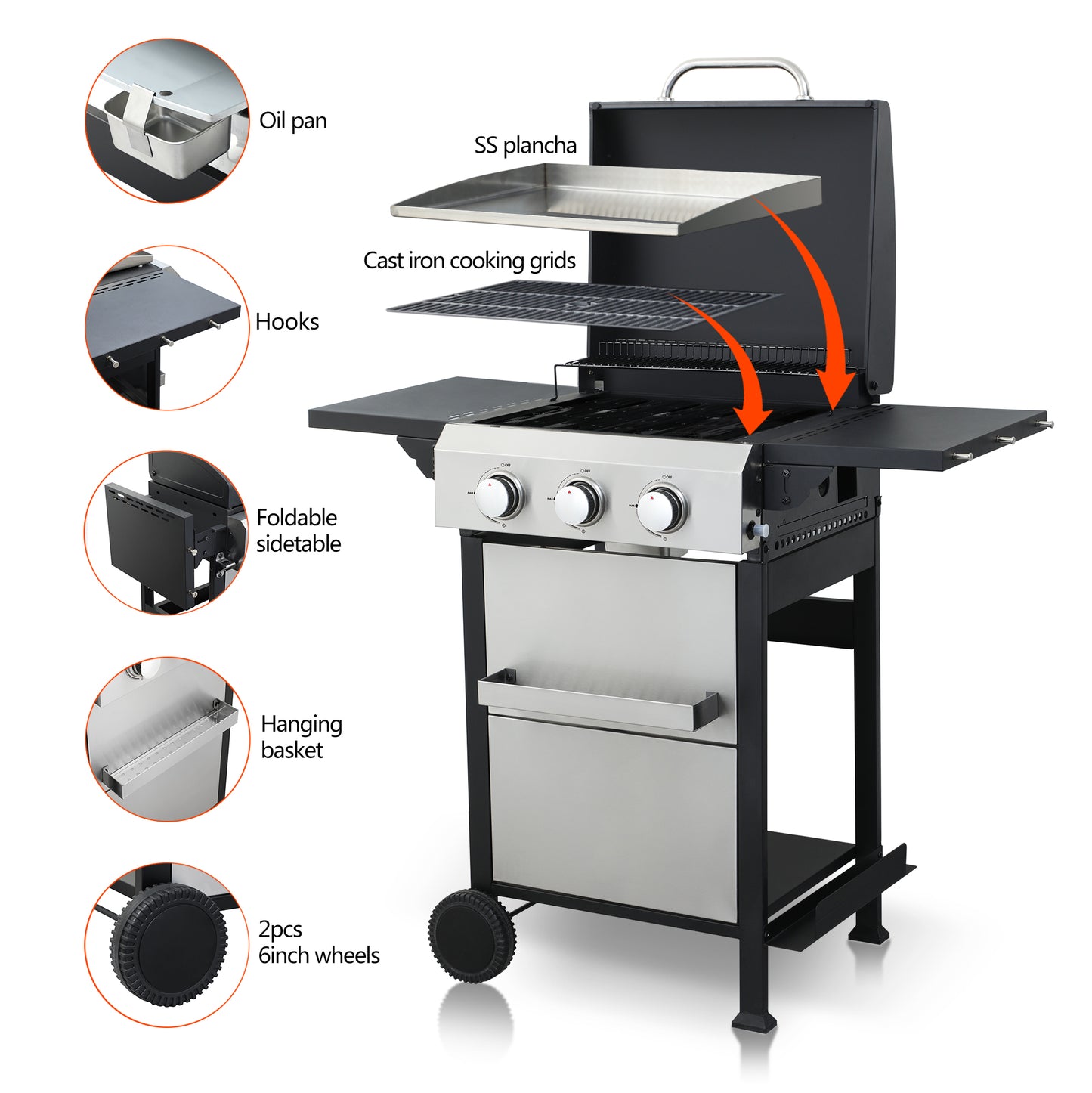 Gas grill with SS plancha and cast iron cooking grids for versatile outdoor cooking