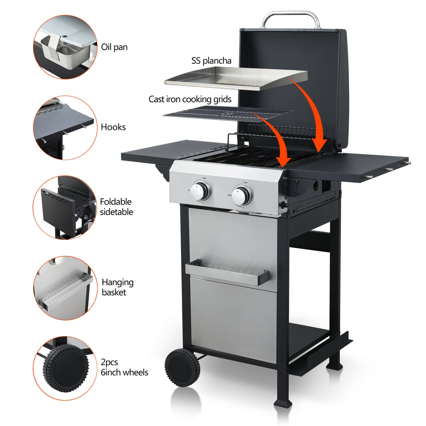Stainless steel gas grill with SS plancia and cast iron cooking grids