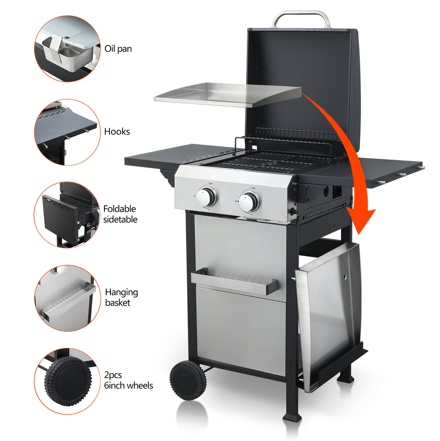 Stainless steel gas grill with two burners foldable side table and hanging basket for outdoor cooking
